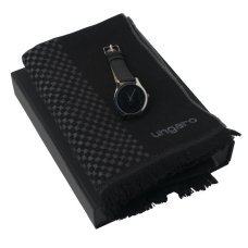 Zestaw Ungaro szal Tommaso + zegarek Simply U Black, kolor czarny    				                