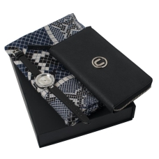 Zestaw Ungaro szal Pitone Blue + portmonetka Simply U + zegarek Gemma, kolor czarny    				                