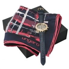 Zestaw apaszka Ungaro Tweed Dark Blue + zegarek Alba Blue, kolor czarny    				                